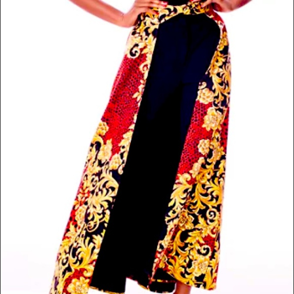 Black dress pants with mixed print skirt overlay!